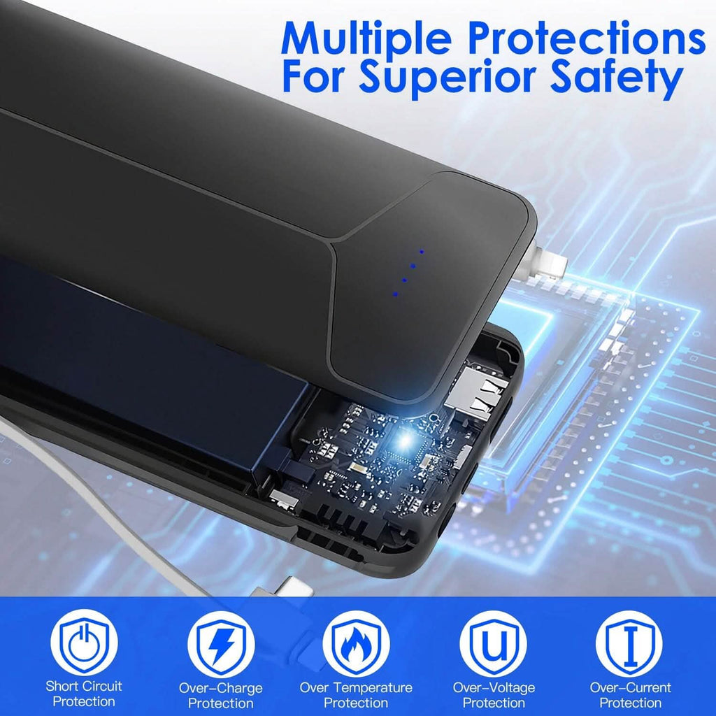 10000mAh Power Bank Portable Charger with US Plug 2 Built-in Cables External Battery Pack