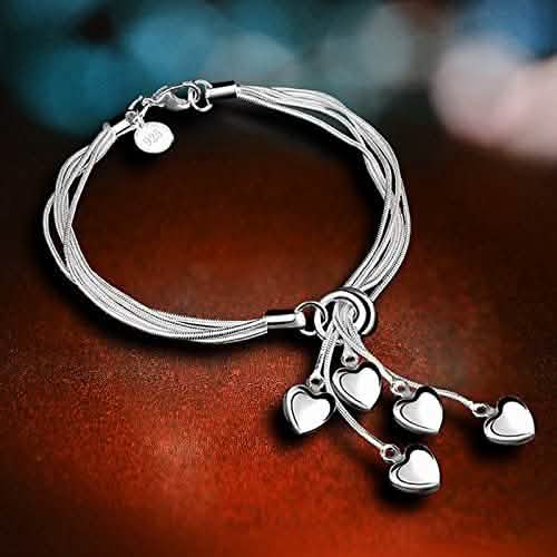 .925 Sterling Silver Five-Line Chain with Five-Heart Bracelet