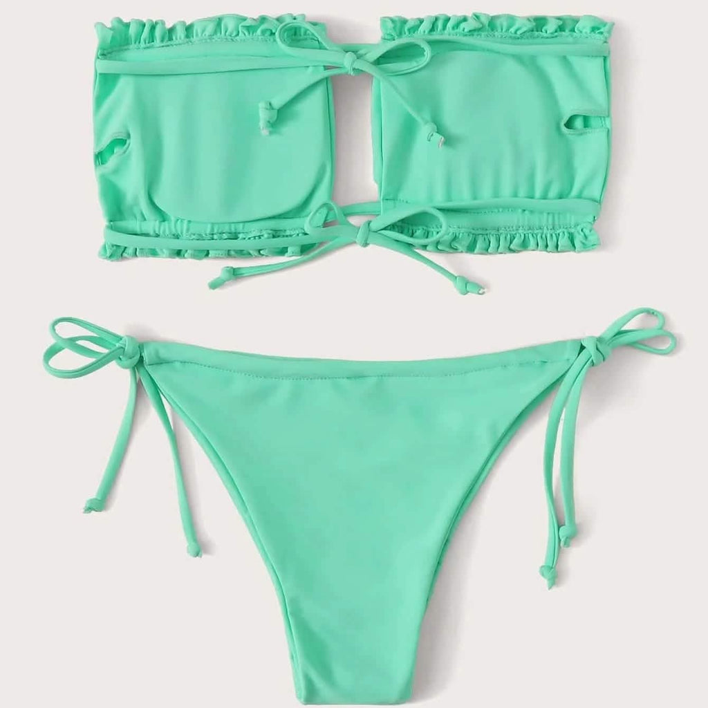 Frill Trim Bandeau Tie Side Bikini Swimsuit