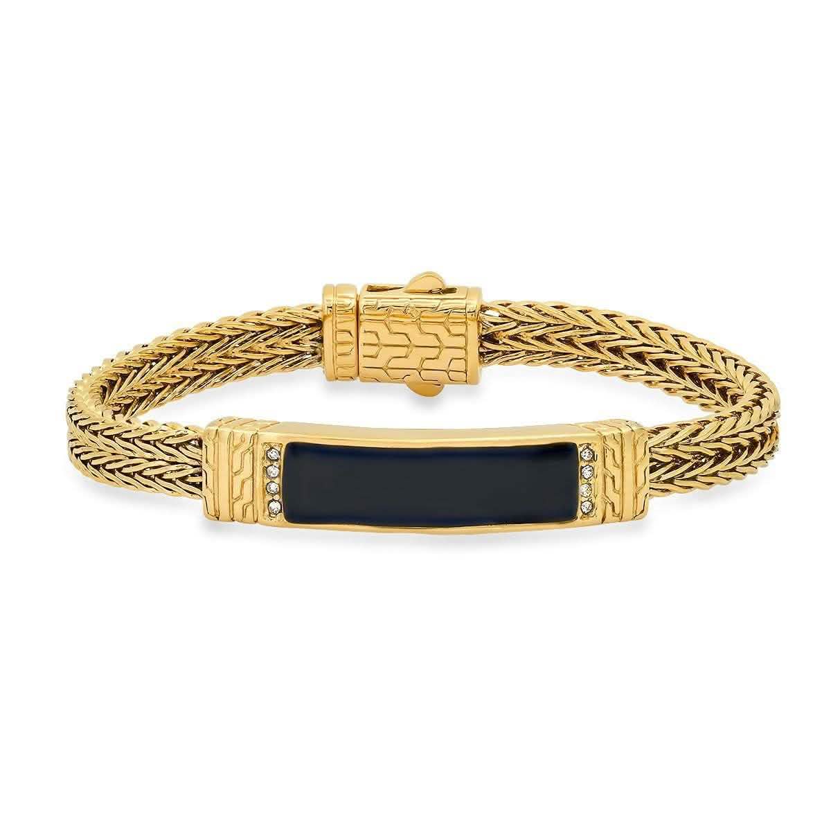 Men's 18K Gold Plated Stainless Steel and Simulated Black Onyx ID Bracelet